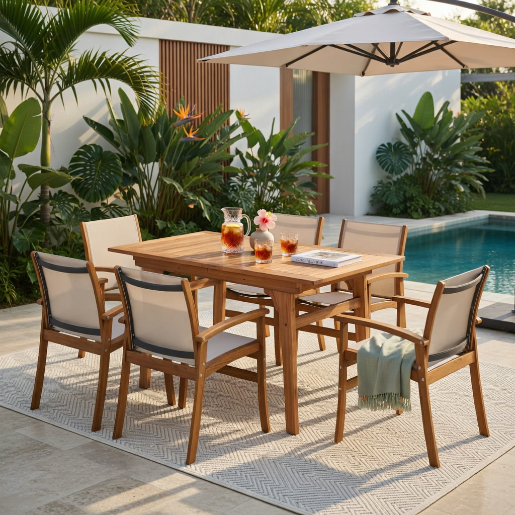 Hommoo 2-Piece Acacia Wood Patio Dining Chairs Set, Breathable Fabric Seat & Back, Outdoor Armchairs for Deck, Patio or Poolside, Natural+Beige