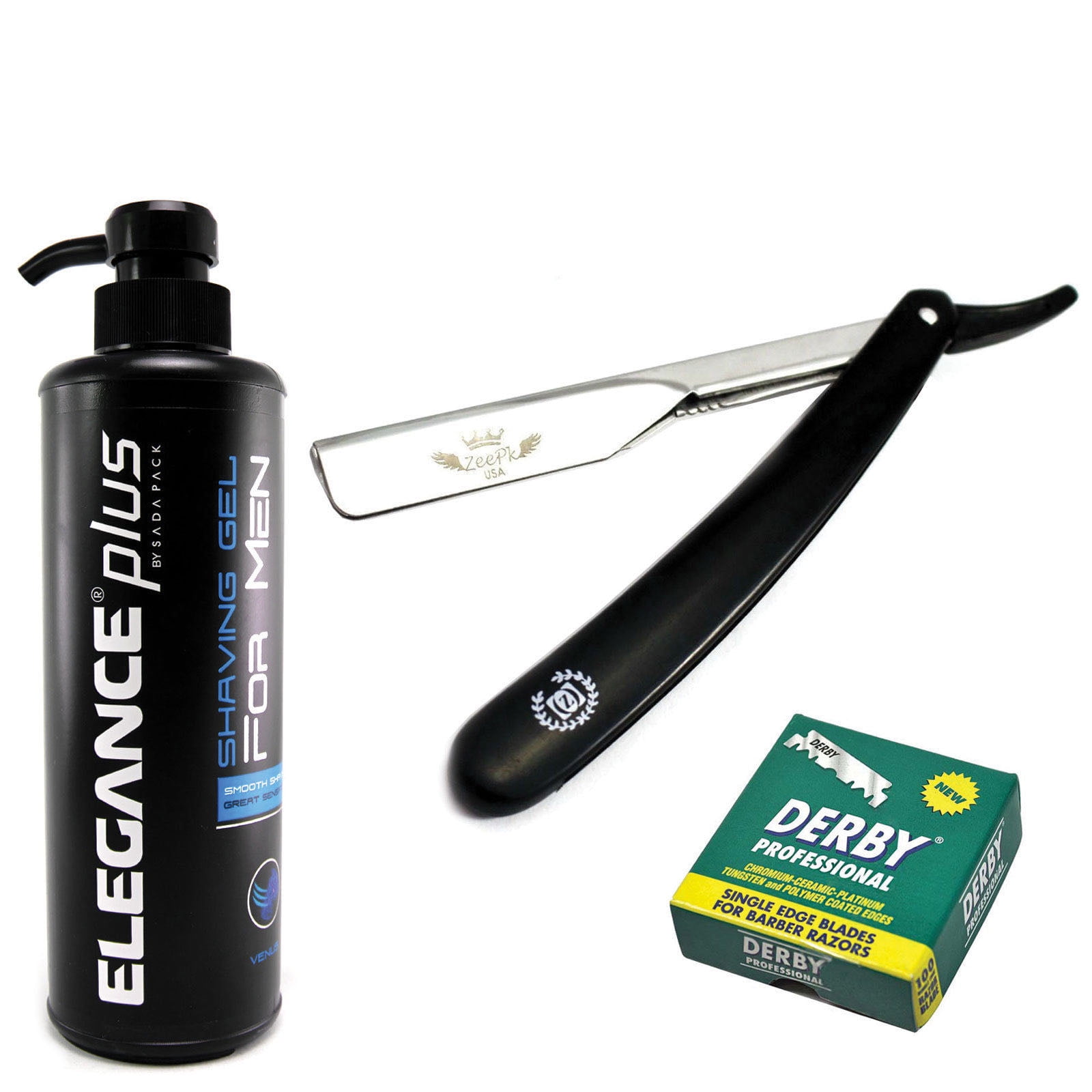 STRAIGHT BARBER SHAVING RAZOR, ELEGANCE EARTH SHAVING GEL, 100 BLADES