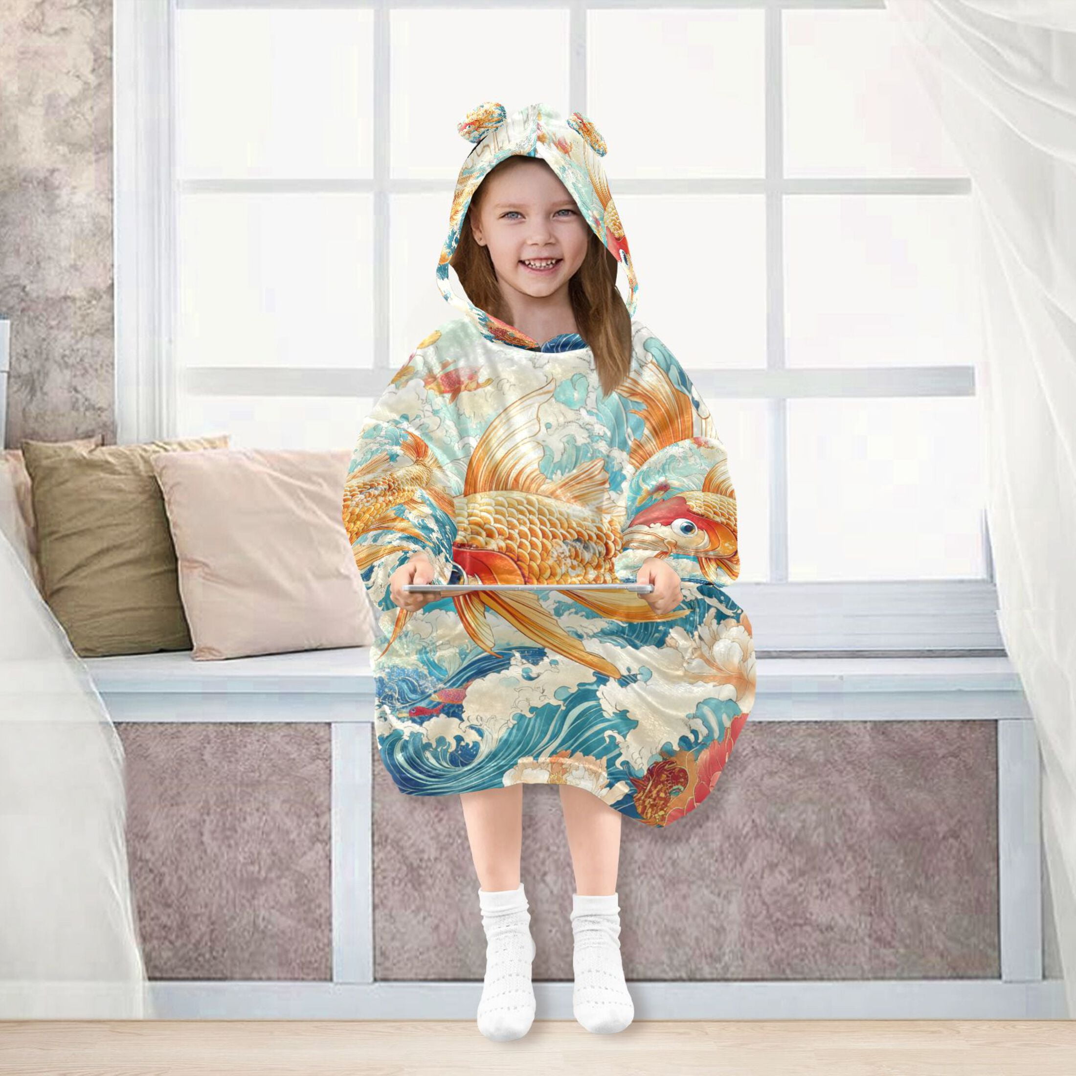 YAZAOO Kids Wearable Blanket Hoodie Warm and Cozy Koi in Bloom Flannel Sweatshirt