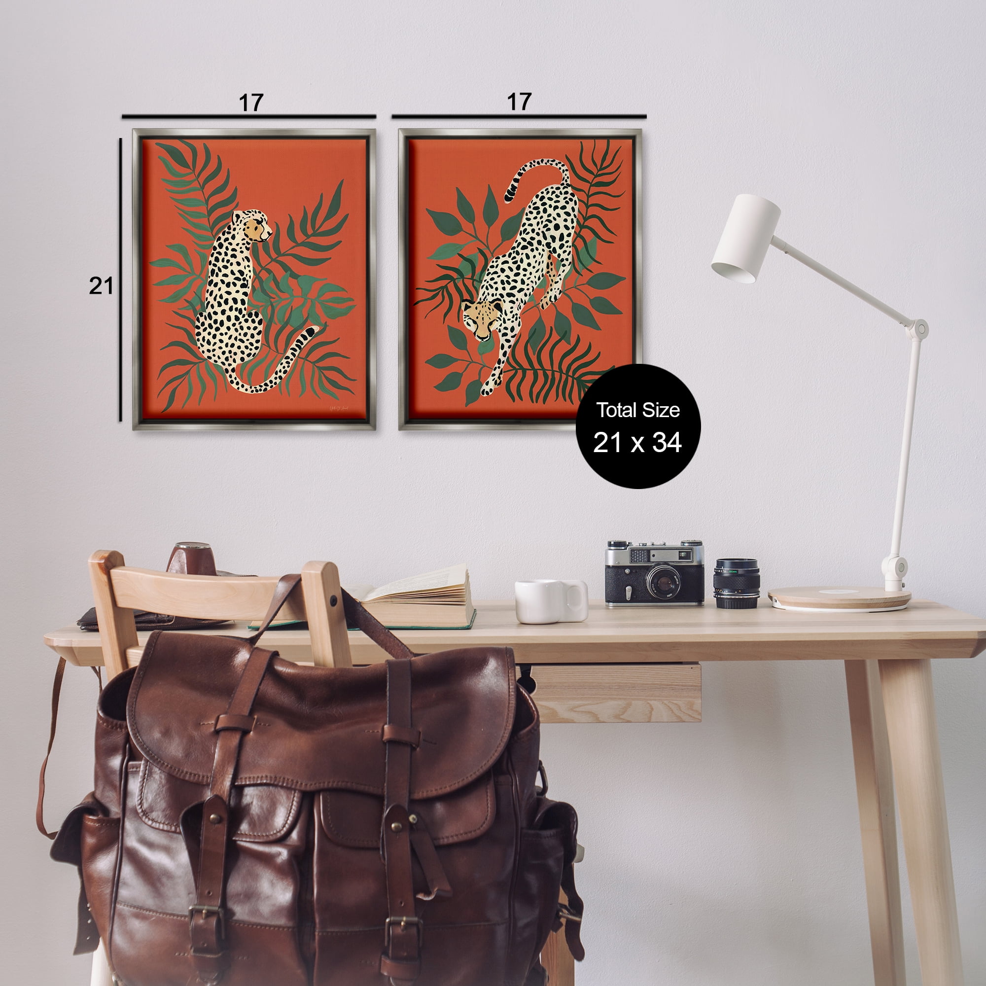 Stupell Industries Sitting Cheetah Prowling Jungle Animals Painting Gray Floater Framed Canvas Art Print Wall Art, 17 x 21, Set of 2