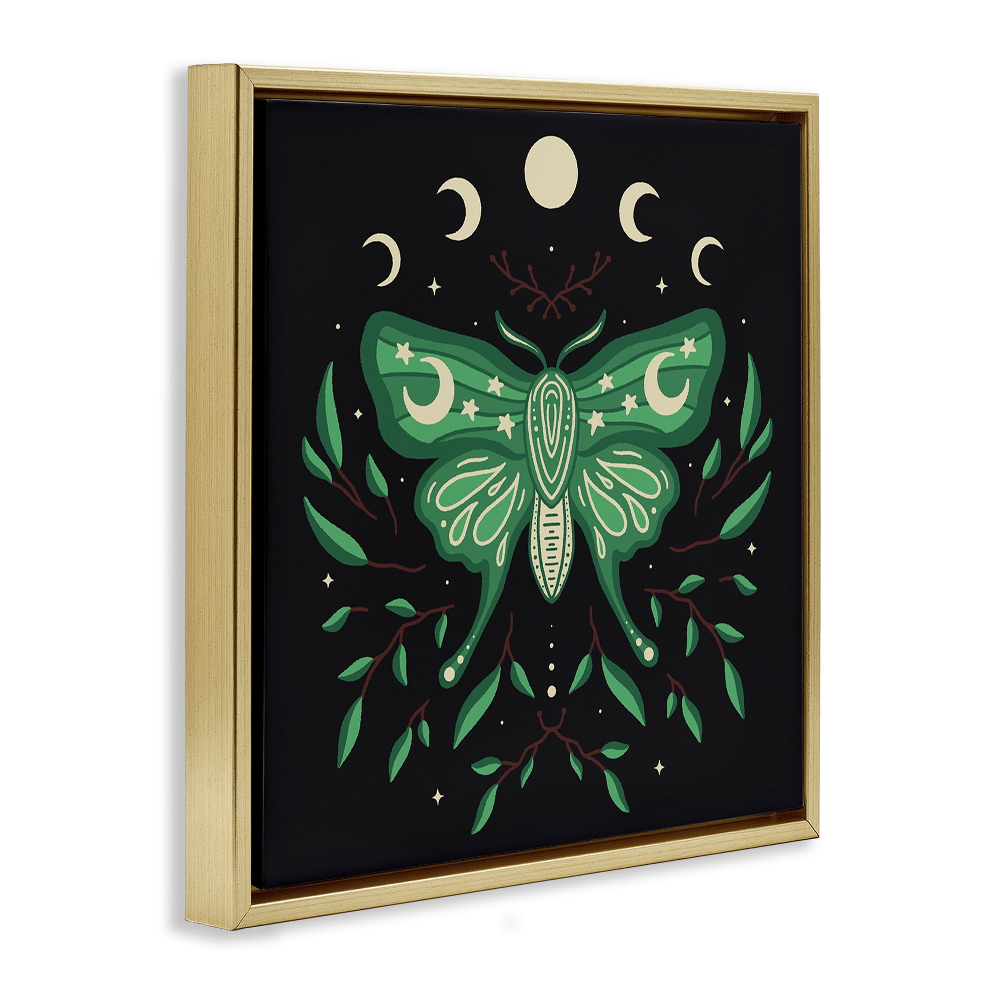 Stupell Industries Celestial Moth & Botanicals Animals Painting Gold Floater Framed Canvas Art Print Wall Art, 18 x 18