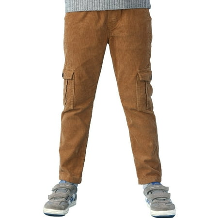 Tan Khaki Corduroy - Leo&Lily Boys Husky Waist Whole Waist Rib Corduroy Cargo Trousers Pants (Khaki, 7)