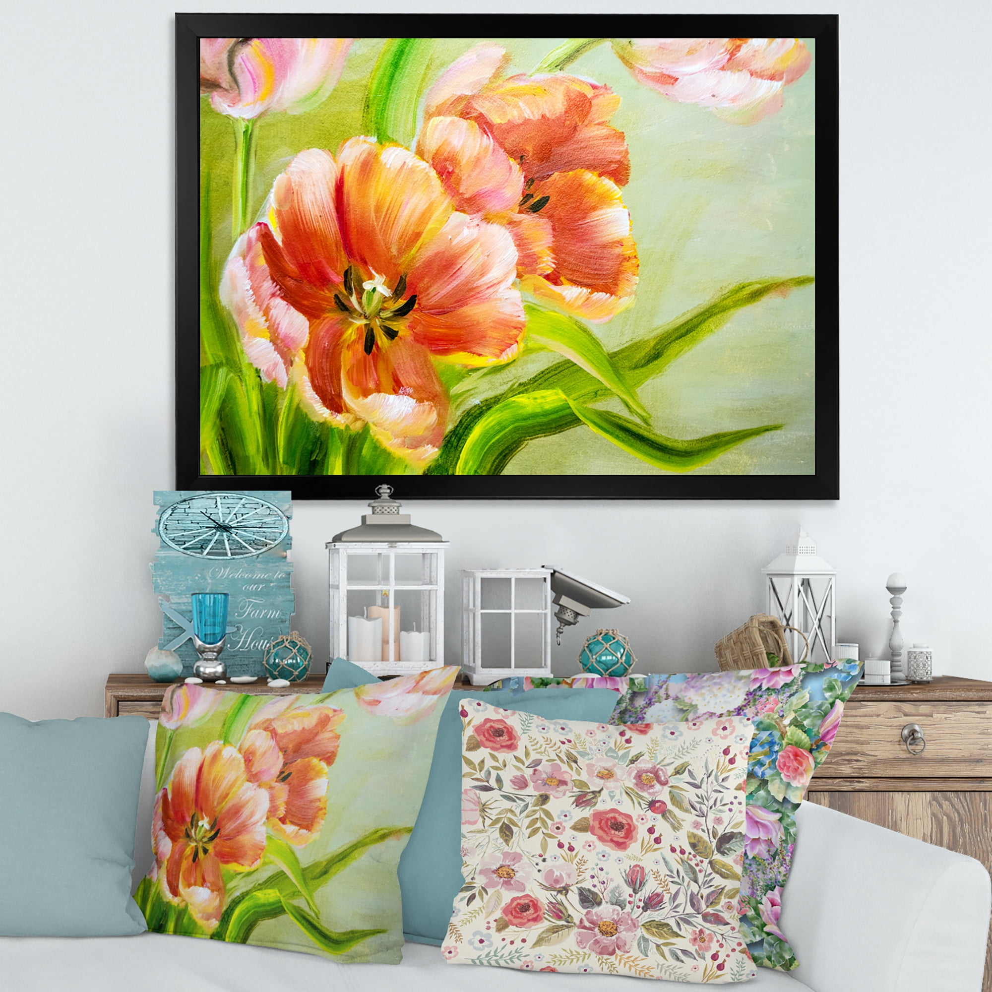 Designart 'Ancient Red Tulips Flowers II' Traditional Framed Art Print