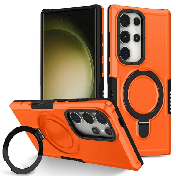 Decase Magnetic Stand Phone Case for Samsung Galaxy S25 Ultra,Hard PC Soft TPU Fulcrum Bracket Phone Case,Shockproof Anti-Drop Protective Cover,Military Cases Bult-in Hidden Bracket,Orange