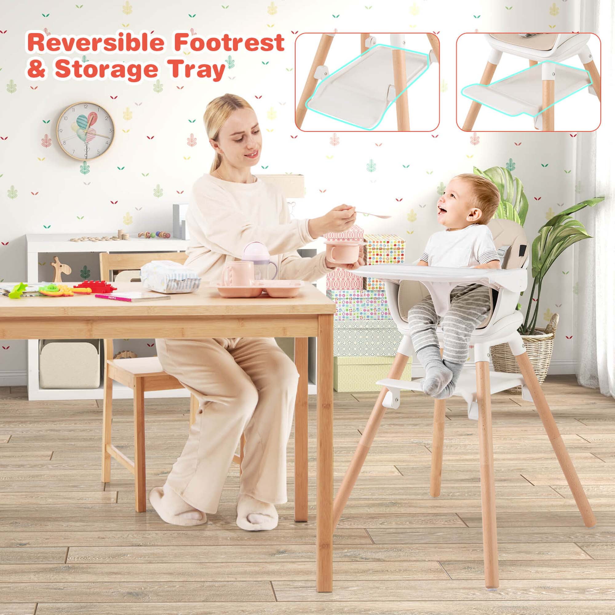 Costway 6-in-1 Convertible Wooden Baby Highchair Infant Feeding Chair with Removable Tray Beige
