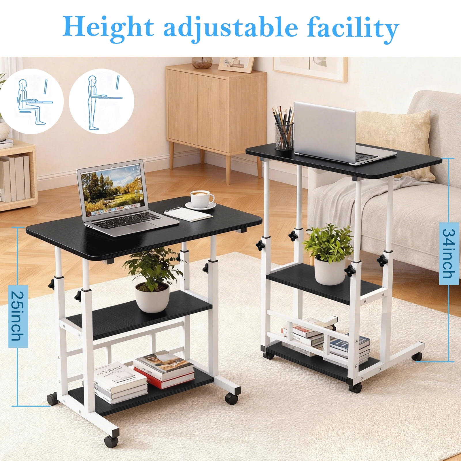 32 Inch Rolling Desk Black Adjustable Height Small Standing Desk on Wheels with Storage Shelves Portable Computer Desk for Home Office Study Small Spaces