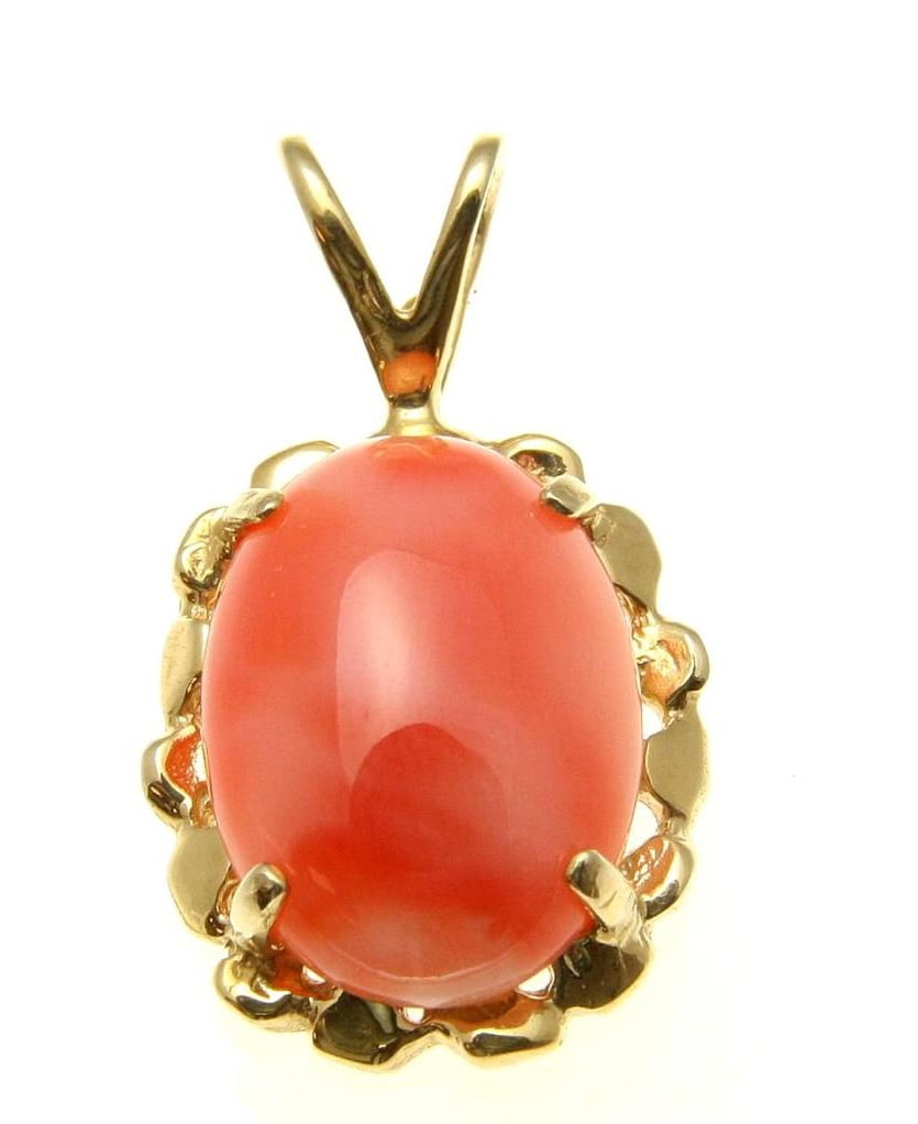 Geniune natural pink coral pendant set in solid 14k yellow gold 14.5mm by