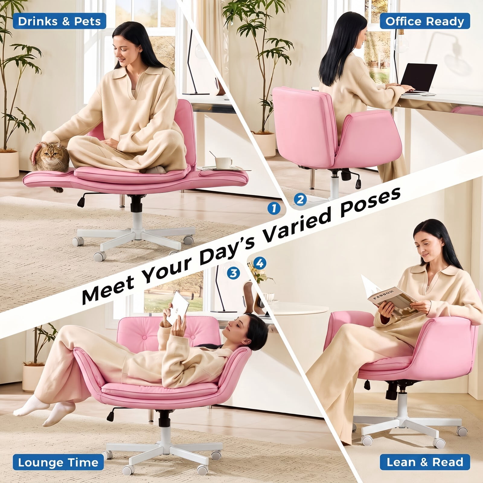 Kelno Criss Cross Office Chair with Wheels Armrests 300lbs Capacity Height Adjustable PU Leather Wide Desk Chair Swivel Vanity Chair, Pink