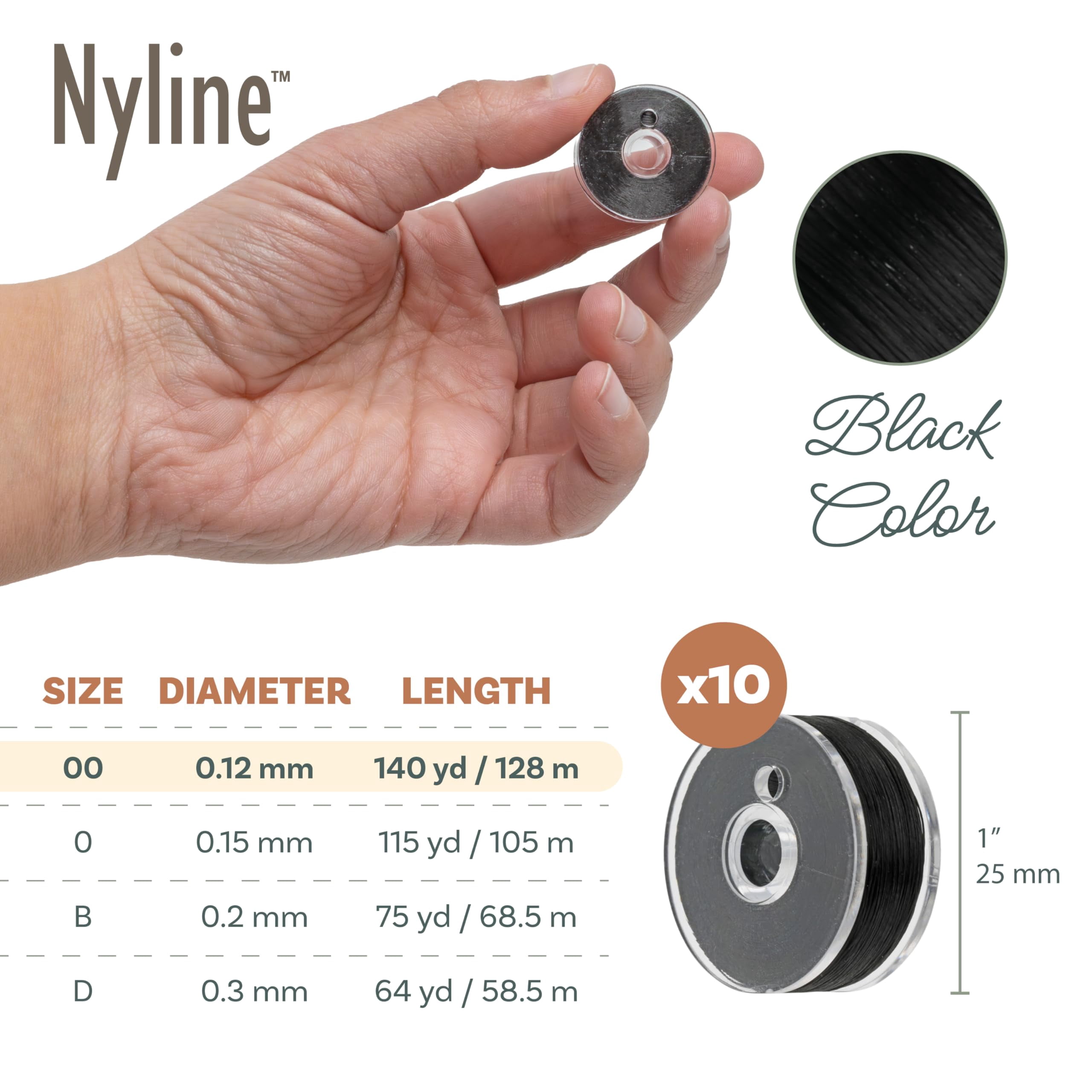 The Beadsmith Nyline Nylon Beading Thread - Size 00 (0.12 mm), Black, 10 Spools, 140 yd Each
