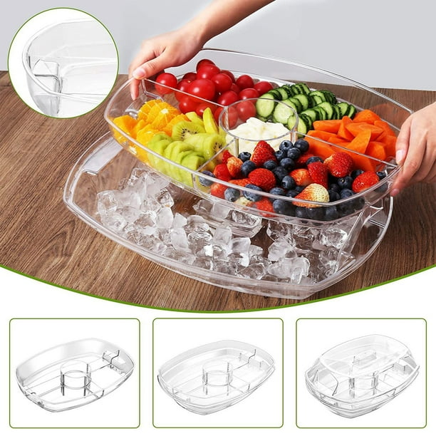 Dvkptbk Chilled Serving Tray 15 Inch Clear Plastic Party Platter With 4 Compartments Ice Serving Bowl With Lid Shrimp Cocktail Serving Dish Cold F