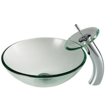 KRAUS Clear Glass Bathroom Vessel Sink and Waterfall Faucet Combo Set with Matching Disk and Pop-Up Drain, Chrome Finish