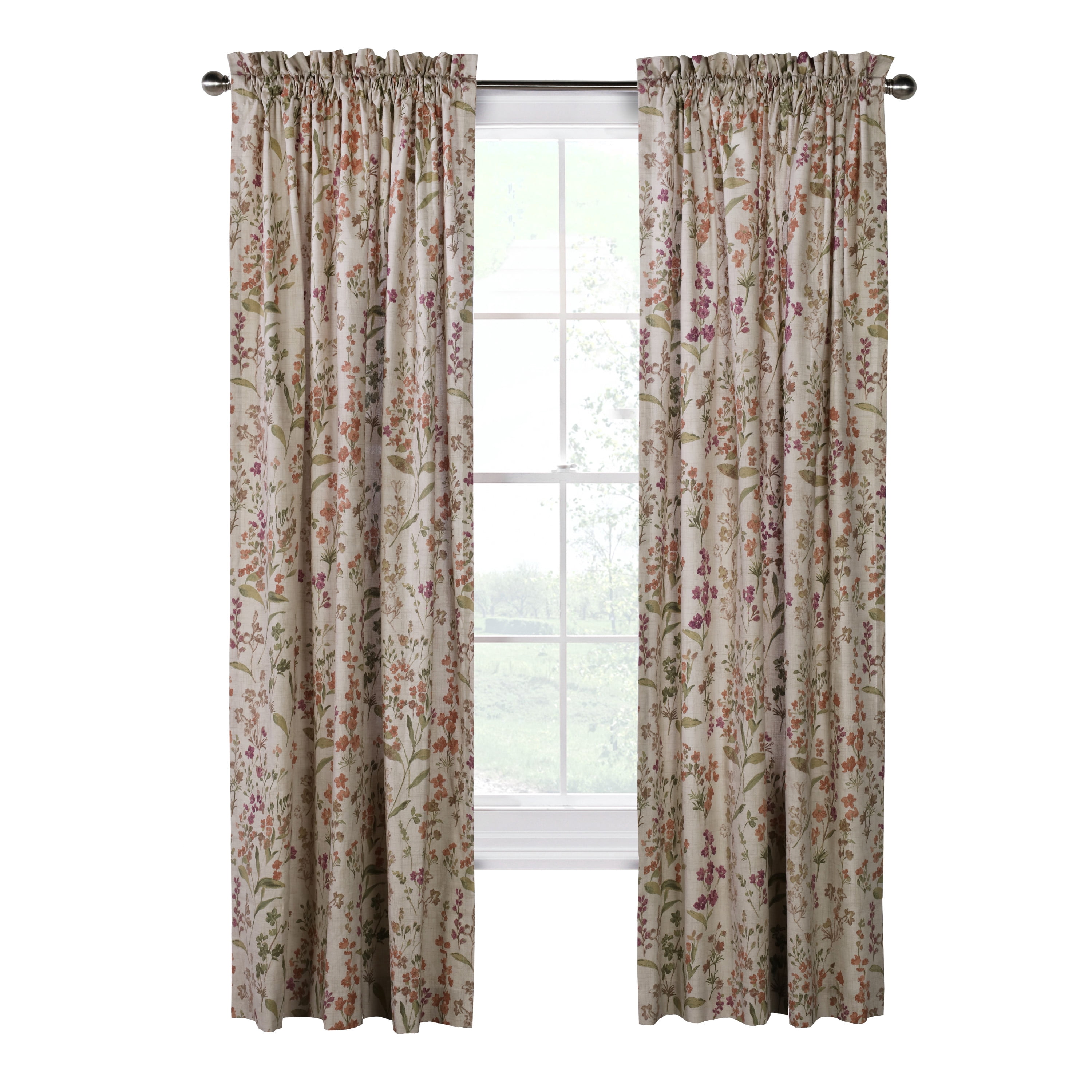Rosie Textured Cotton Floral Print Curtain Panel - Pair each 50" x 63" in Linen