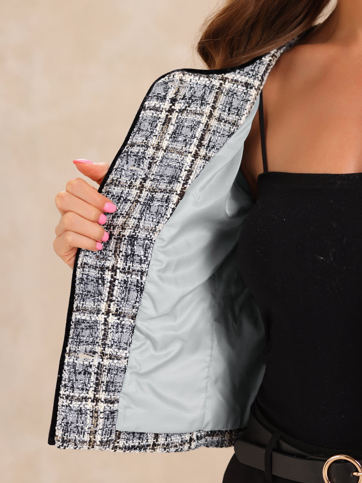 DARING DIVA Tweed Jacket Round Neck Button Front Closure Long Sleeve M Grey Brown