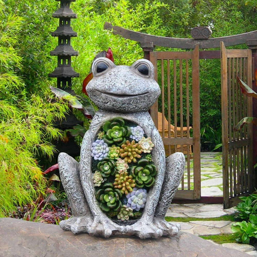 Garden Statue Frog Figurine Waterproof Resin Succulent Plants with Solar Powered LED Lights