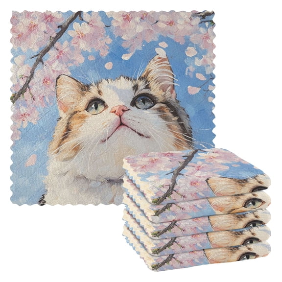 6 Pieces of Kitchen Towels 11x11Inch Kitchen Dish Cloths Kitchen Dish Towels Reuseable Cleaning Cloths Cherry Blossom Cat