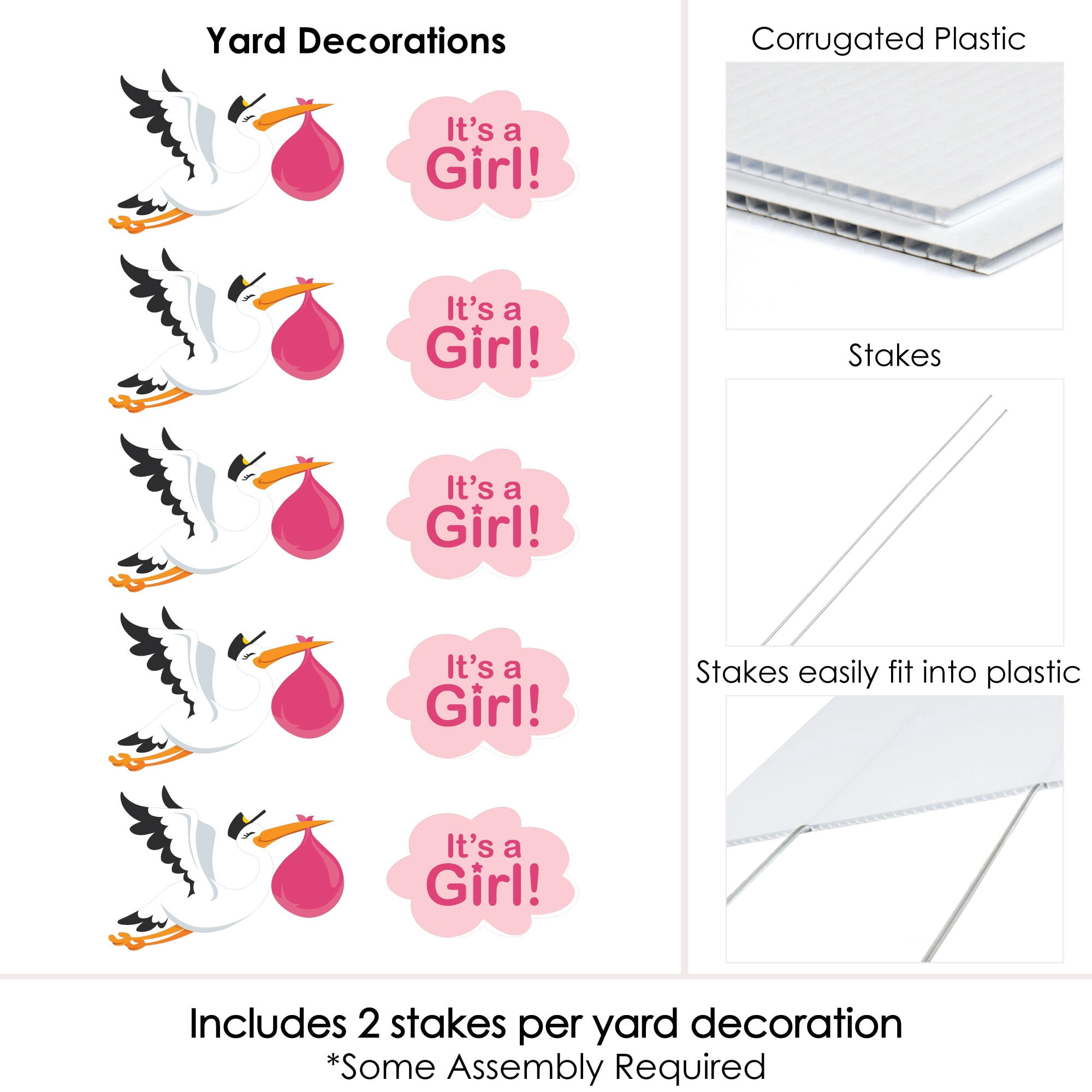 Big Dot of Happiness Girl Special Delivery - Baby Announcement Lawn Decor - Outdoor Pink It's a Girl Stork Baby Shower Yard Decorations - 10 Piece