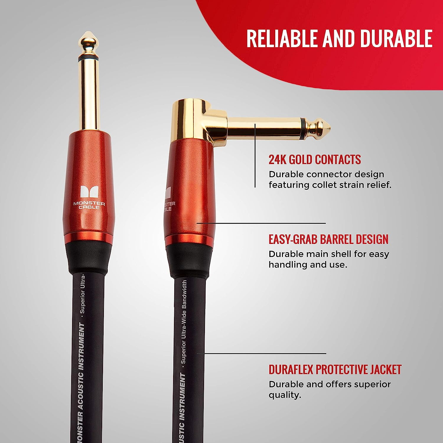 Monster Prolink Acoustic Instrument Cable, 21ft - Right Angle to Straight Connector