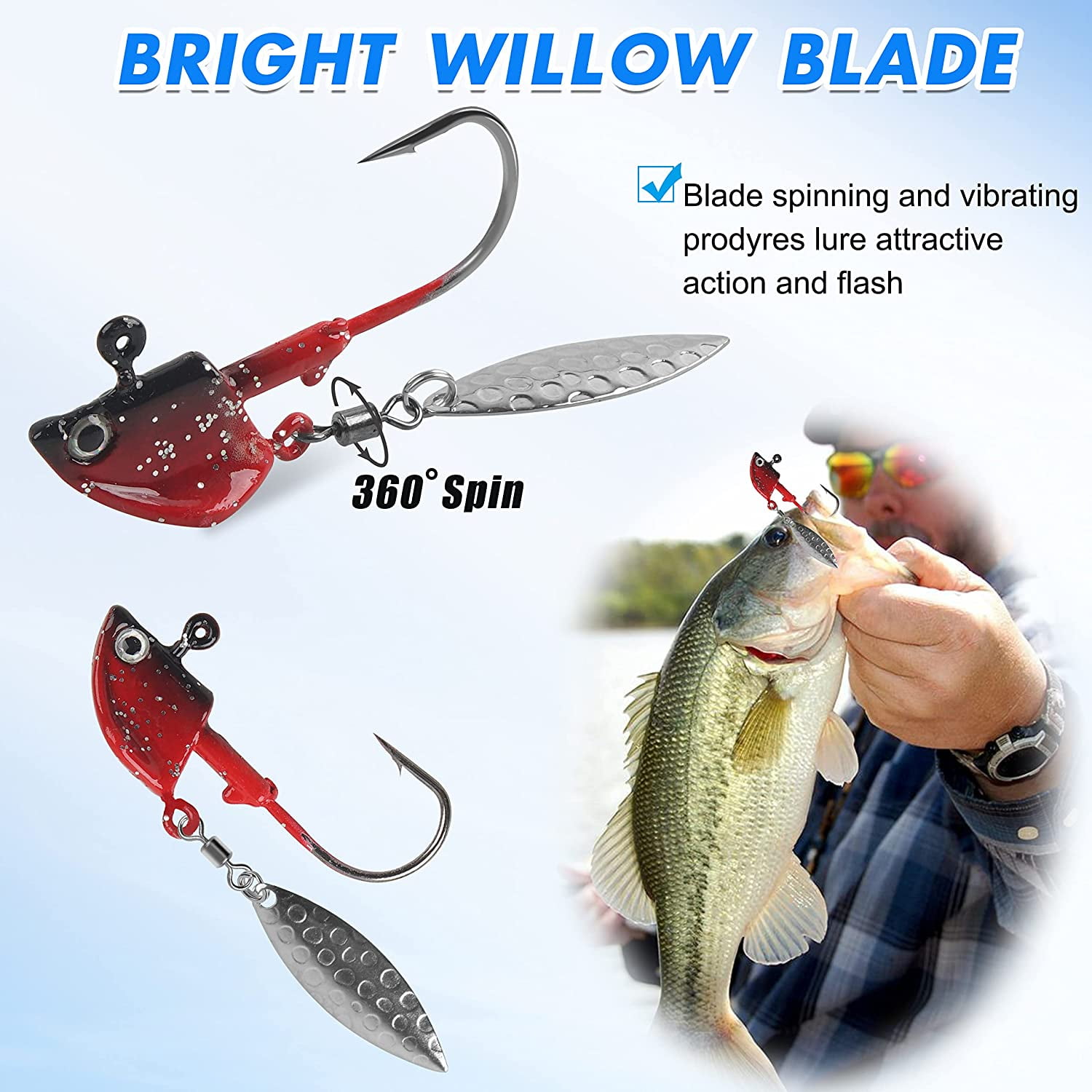 Underspin Jig Head Hooks, Swimbait Jig Heads with Willow Blade 12pcs  Fishing Jig Heads Colorful Weighted Spinner Jigs Lures for Crappie Bass  Trout
