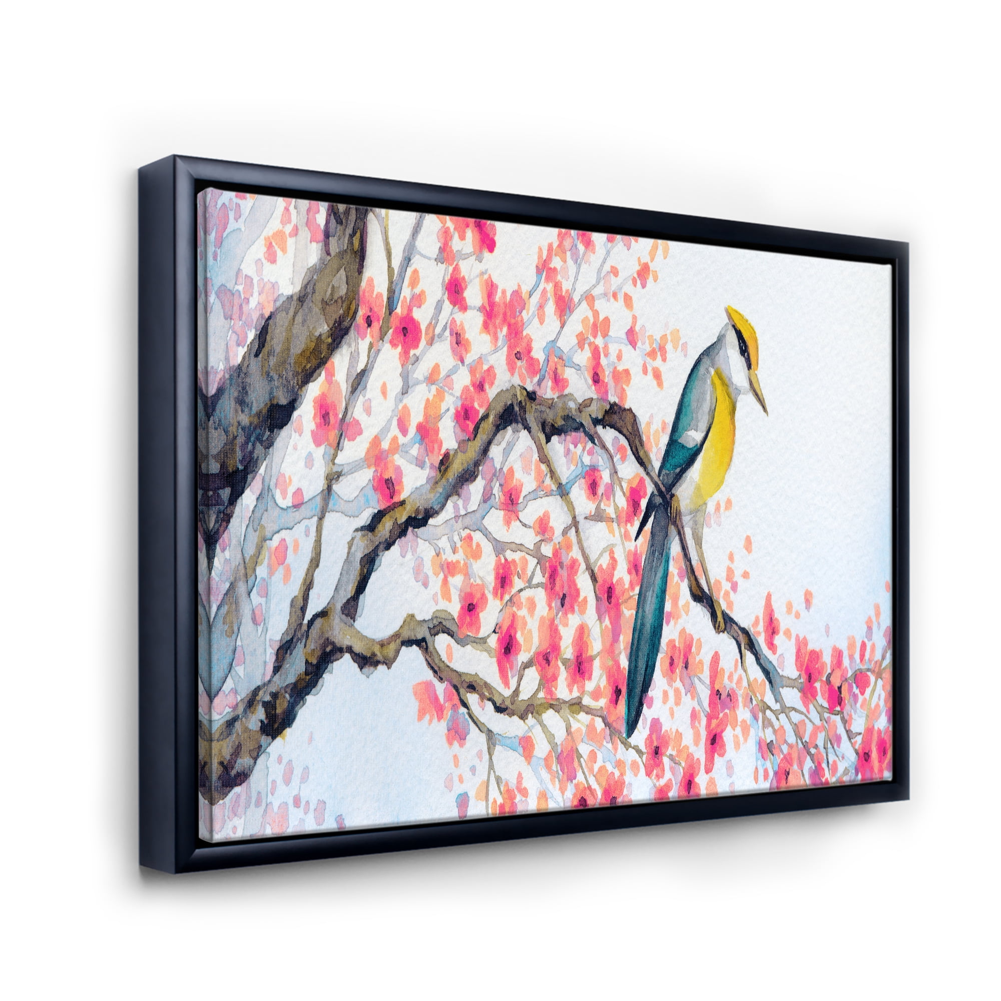 Designart 'Beautiful Pink Bird Sitting On Flowering Branch I' Traditional Framed Canvas Wall Art Print