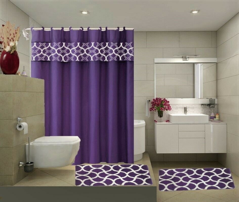 Embroidery Set Includes 2 Bath Mat Rugs, Purple And Black Shower Curtain Set