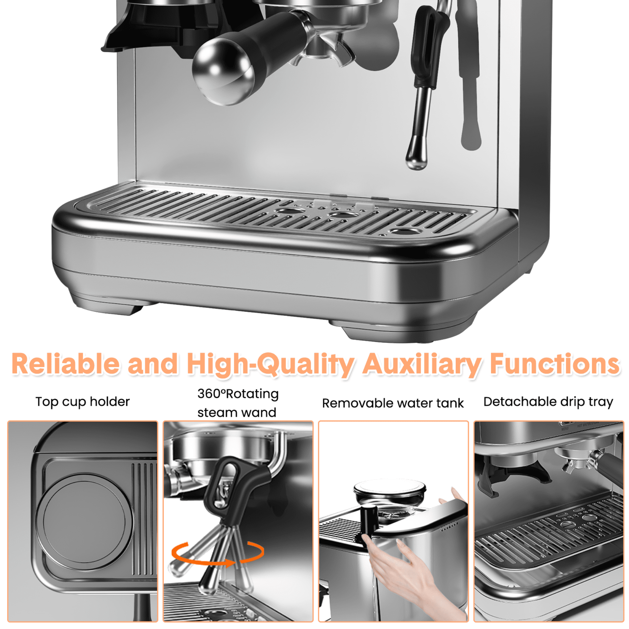 15 Bar Espresso Machine with Built-in Grinder & Milk Frother – PID Temperature Control