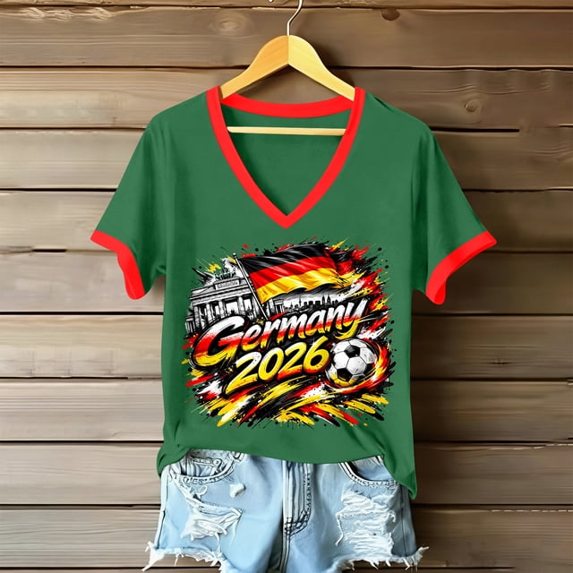 Women's Football Graphic T-Shirt, Women's V-Neck Short Sleeve Letter Print T-Shirt for Casual Summer for Soccer Tournament 2026 Green Size: 2XL