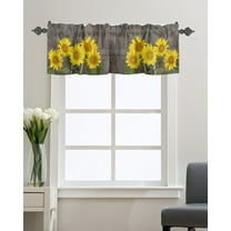 Kitchen Cafe Valance Curtain for Small Windows,Farmhouse Yellow Sunflowers Floral Rod Pocket Short Valances Mottled Rustic Wooden Plank Window Treatment Panel for Living Room/Bedroom/Bathroom,42x12in