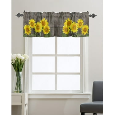 Kitchen Cafe Valance Curtain for Small Windows,Farmhouse Yellow Sunflowers Floral Rod Pocket Short Valances Mottled Rustic Wooden Plank Window Treatment Panel for Living Room/Bedroom/Bathroom,42x12in