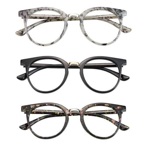 LAMBBAA Blue Light Blocking Glasses 3 Pack Round Frame Lightweight Computer Gaming Eyeglasses Men Women Anti Eyestrain(Grey Black Floral)