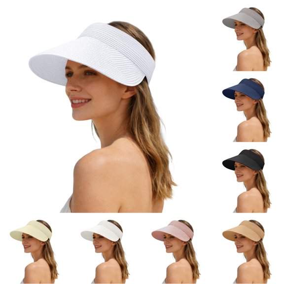 SGMVNU Fashion Sun Hats Visor for Women, Packable Wide Brim UPF Straw Beach Hat with Adjustable Ponytail Hole for Summer Travel, One Size, White