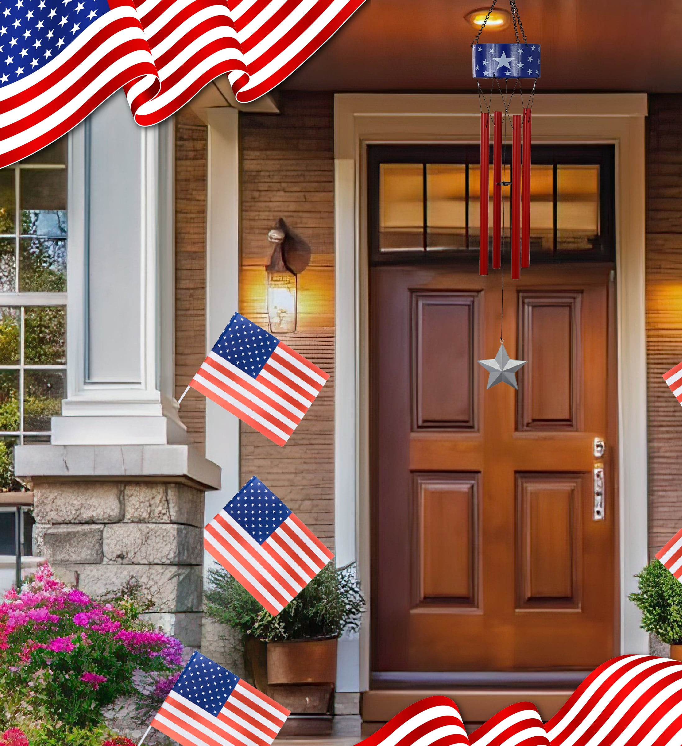 CoTa Global USA Flag Stars Wind Chime - American Flag Patriotic Indoor or Outdoor Windchime Home Decor with Hanging Bells, Handcrafted Glass and Metal Wind Chimes for Yard, Garden, Porch – 33 Inches