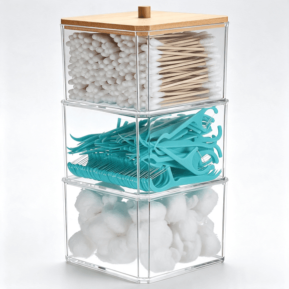 ACDANC 3 Tiers Acrylic Cotton Swab Organizer Clear Qtip Holder with Lid | Stackable Bathroom Accessories Storage Box for Office Living Room Bathroom,3.7 X 3.5 X 7.8 "