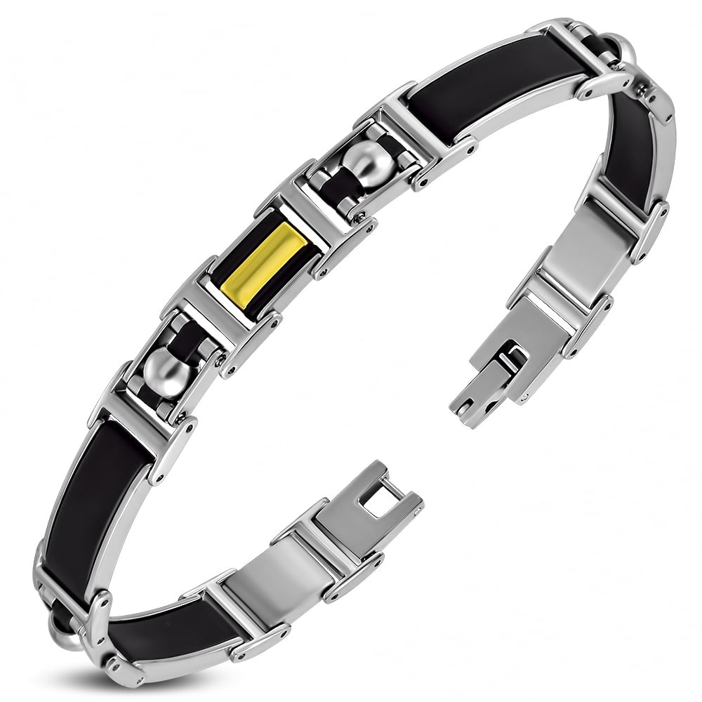 Stainless Steel Black Silver-Tone Link Mens Bracelet 8.5" 