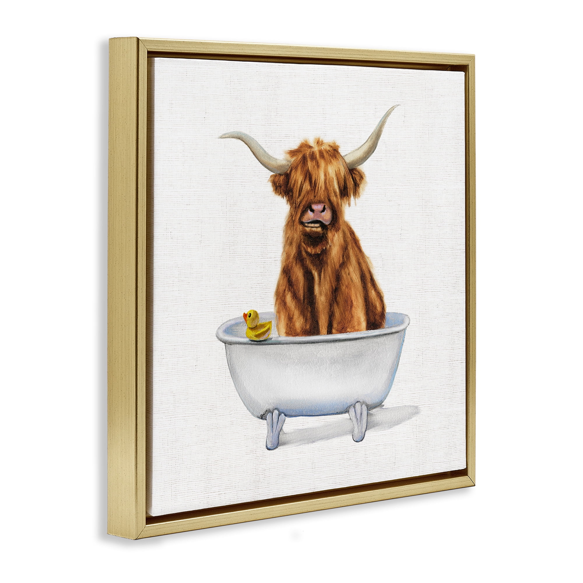 Stupell Industries Shaggy Country Cattle in Tub Animals & Insects Painting Gold Floater Framed Canvas Art Print Wall Art, 18 x 18
