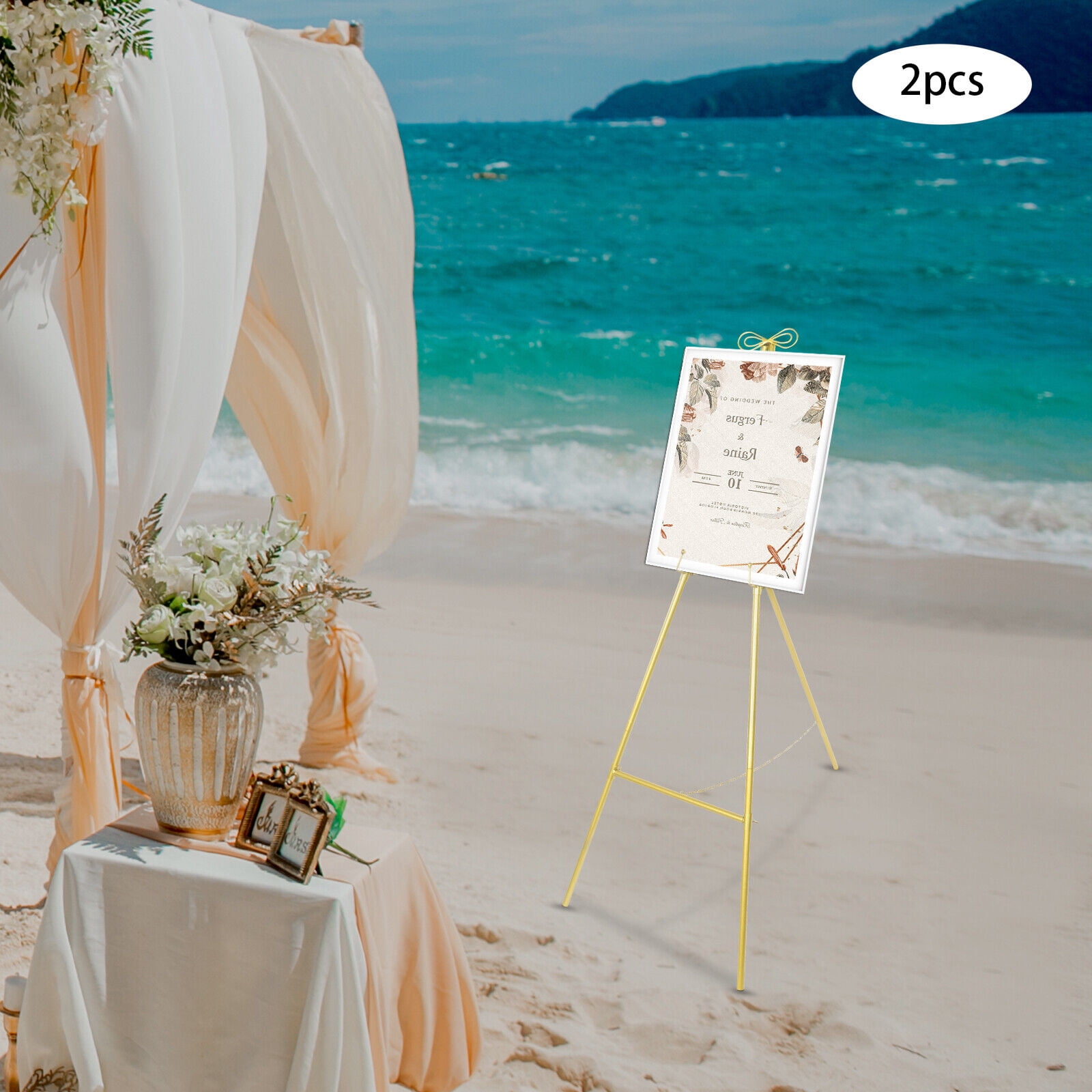 2-Piece Gold Easel Stand, Triangular Display Stand for Wedding, Floor Standing Easel