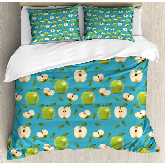 Apple Queen Size Duvet Cover Set, Fresh Granny Smith Apples Raw Fruit Ornamental Harvest Winter Season Produces, Decorative 3 Piece Bedding Set with 2 Pillow Shams, Apple Green Teal, by Ambesonne