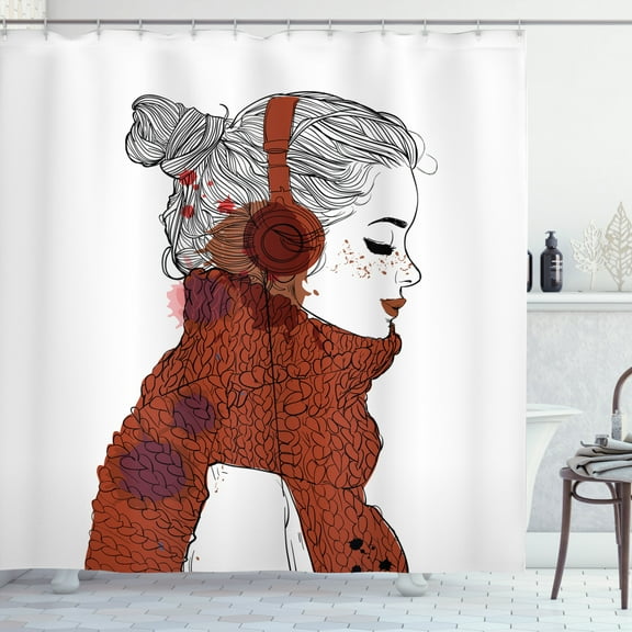 Music Shower Curtain, Watercolor Style Design of a Girl's Side Portrait with Headphones, Fabric Bathroom Set with Hooks, 69W X 84L Inches Extra Long, Burgundy Charcoal Grey, by Ambesonne