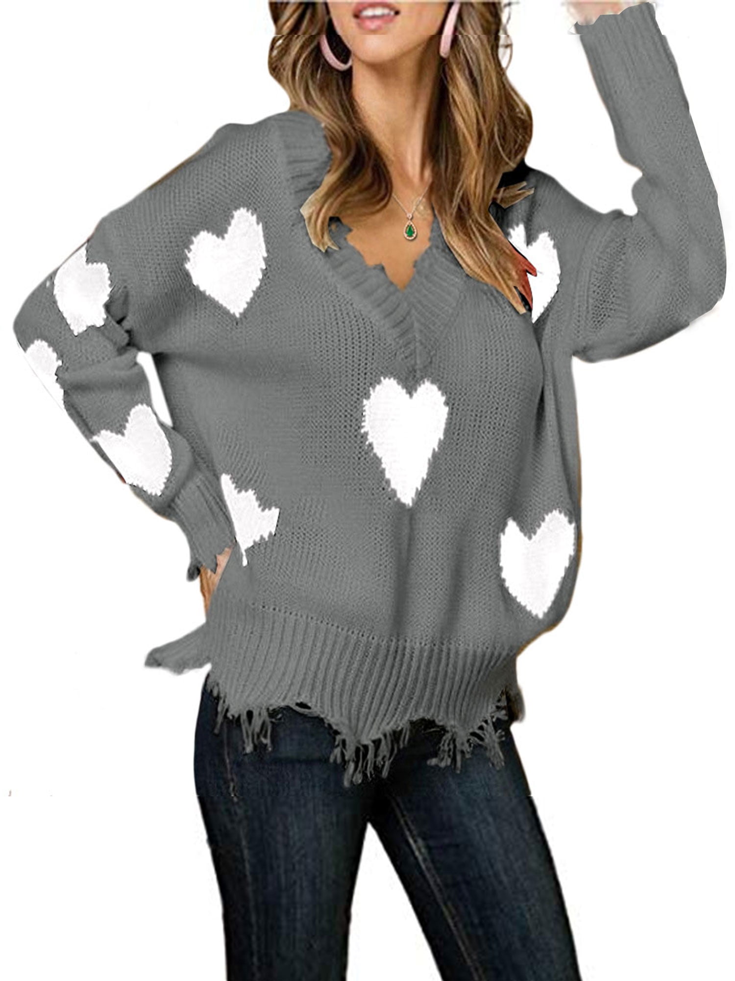 Womens Casual Heart Patcwork V Neck Knit Sweater Ladies Long Sleeve