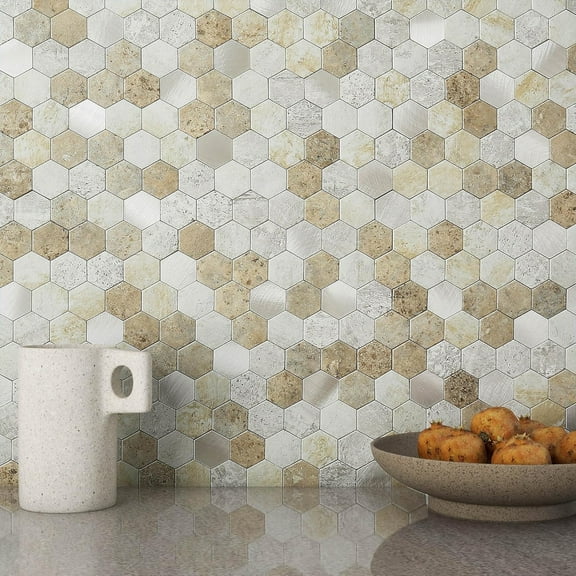 Hexagon Peel and Stick Backsplash Tiles Kitchen,Self-Adhesive Metal and Marble Honeycomb Peel and Stick Wall Tiles Sticker Mosaic Heat Resistant(Castle Brown,10sheets)