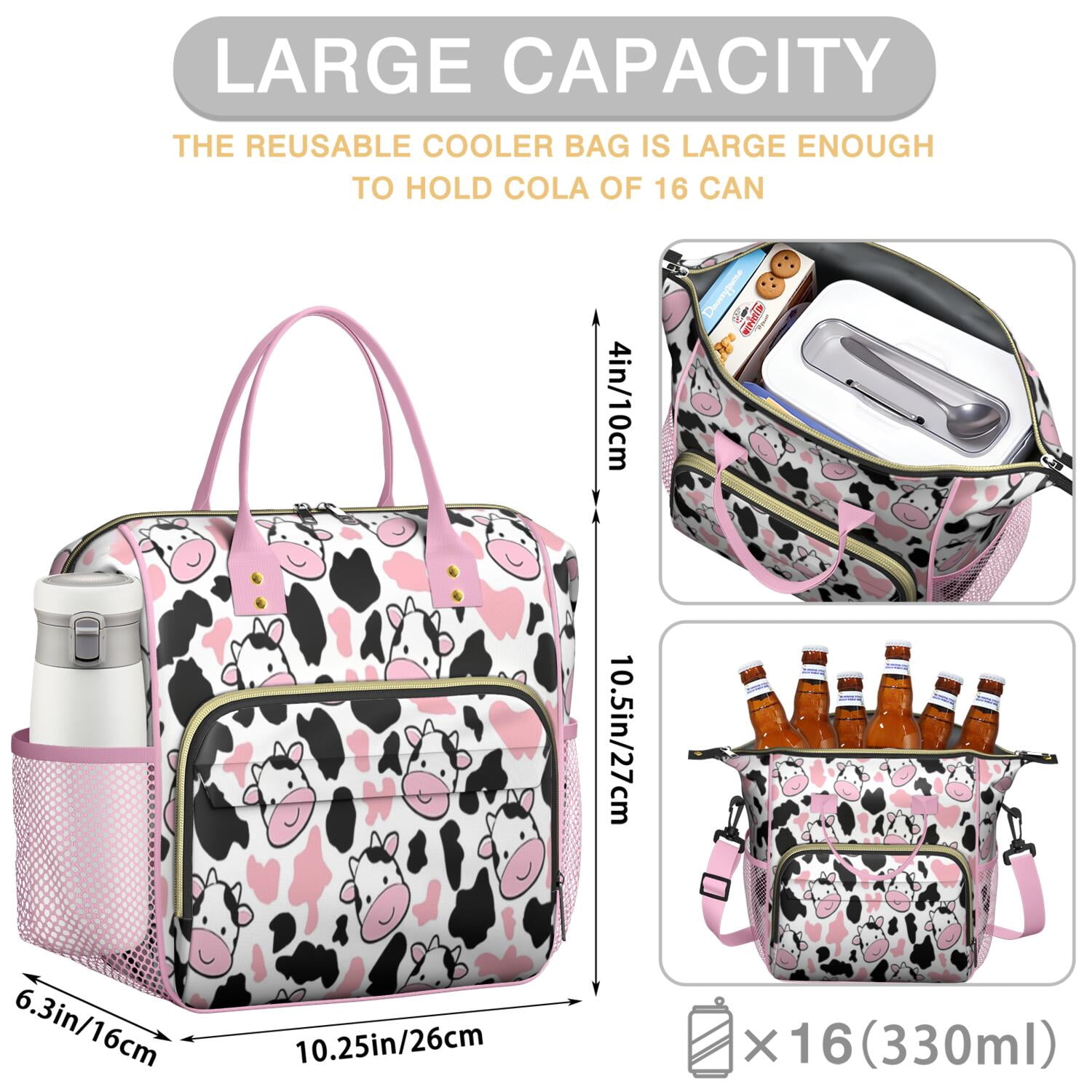 Cow Pattern Black Pink Lunch Box for School,Insulated Large,Lunch Bag,Loncheras Para Mujer,Leakproof Lunch Bag for School,Beach,Travel,Picnic,Camping
