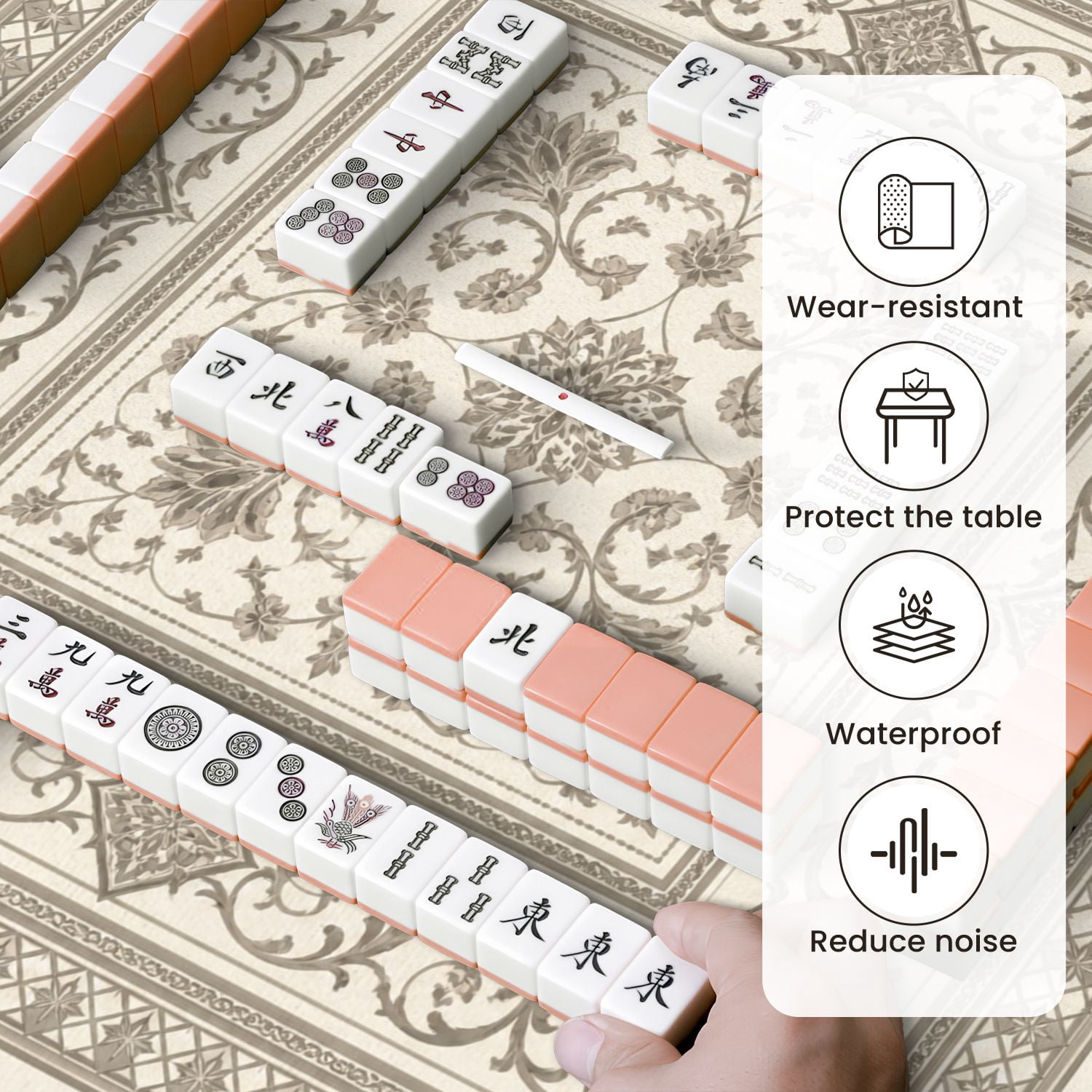 Mahjong Mat 31.5" x 31.5" Ornate Vintage Floral Square Intricate Vine Motifs Neutral Beige Tones Non-Slip Noise Reduction Mahjong Tiles Table Cover for Dominoes Poker Card Board and Tile Games