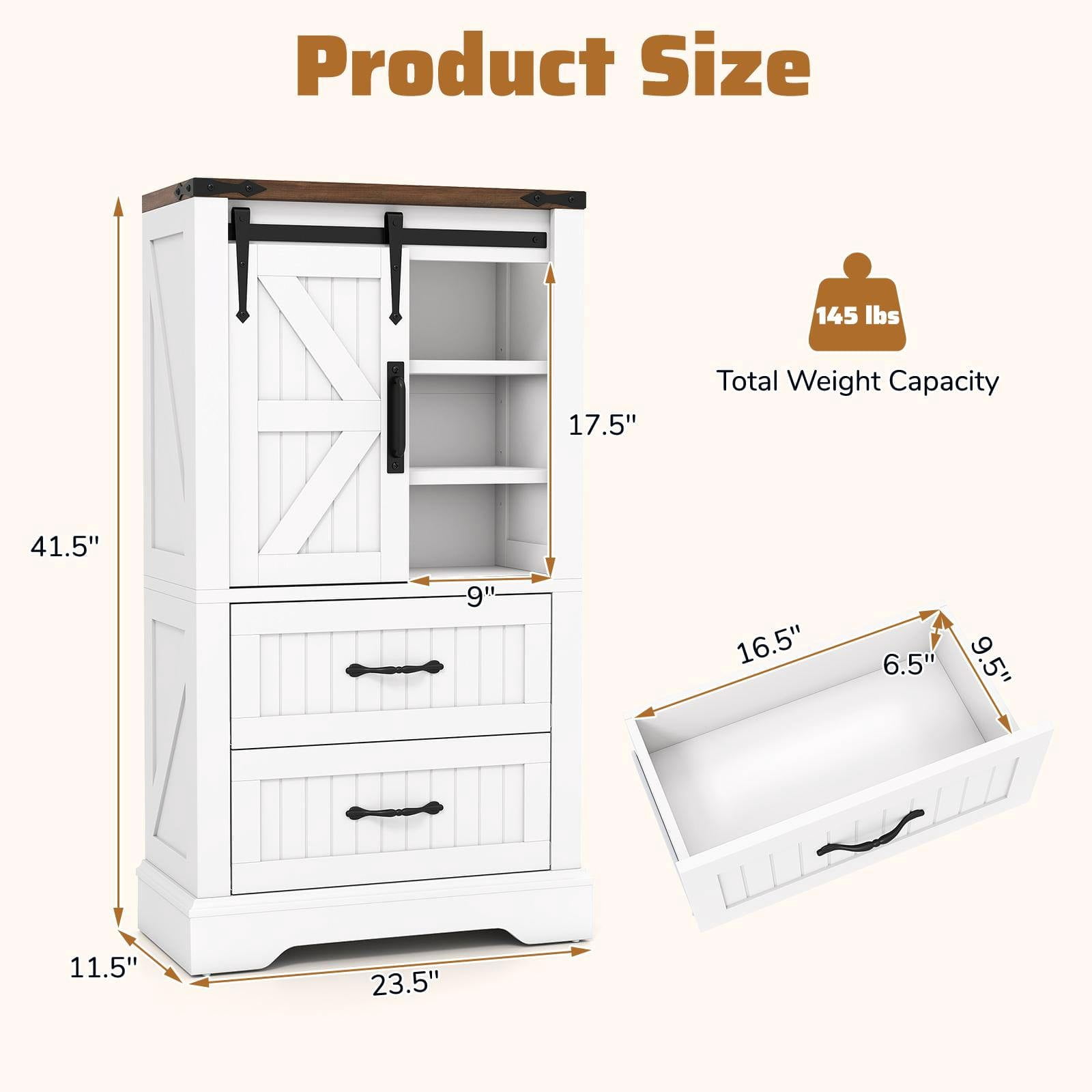 Resenkos Farmhouse Bathroom Floor Cabinet, Freestanding Wooden Organizer with Sliding Barn Door and Adjustable Shelves, Organizer with Anti-Toppling Design for Home, Bathroom, White