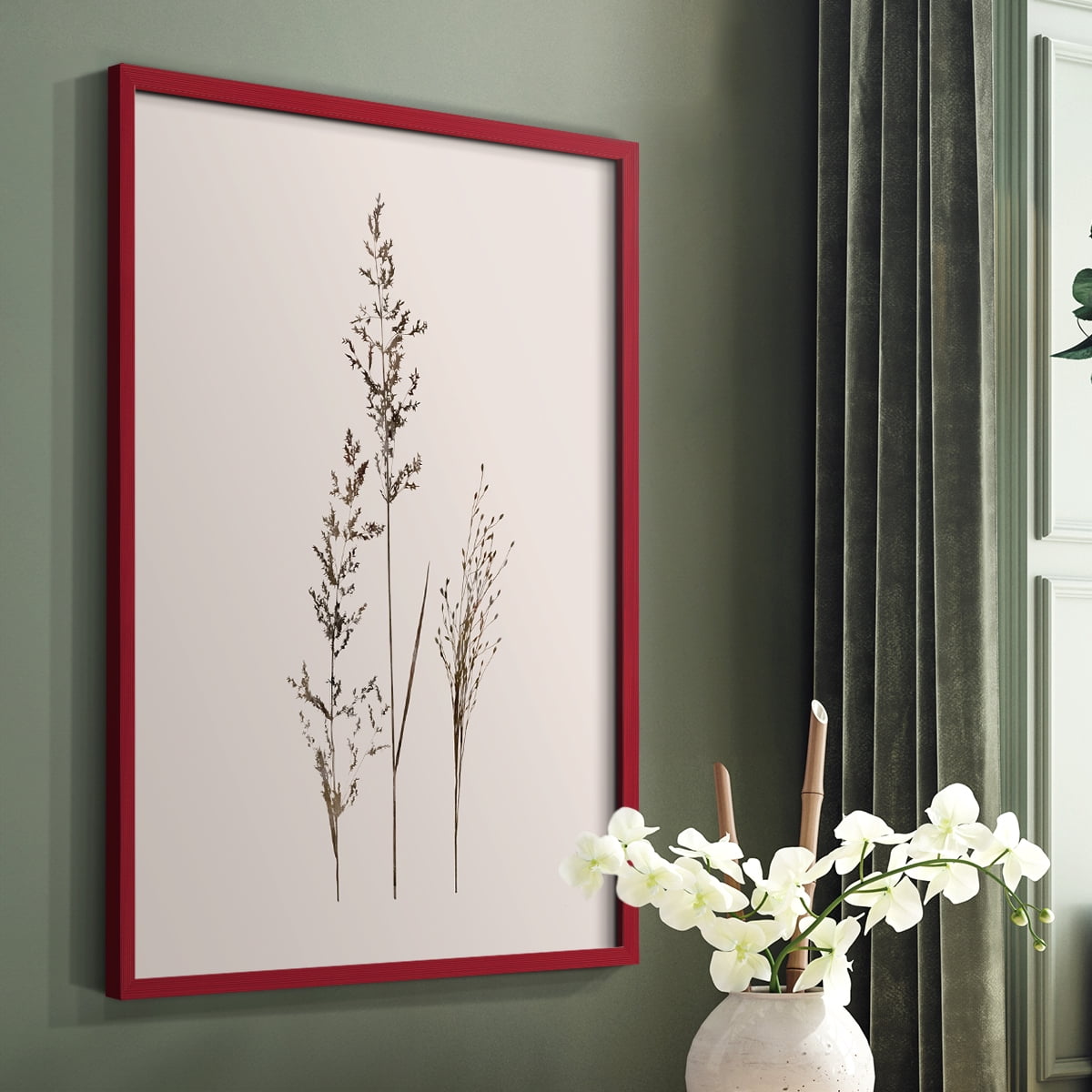 Delicate Stems I Framed Print in Red Solid Wood Framed Print No Nail Hanging