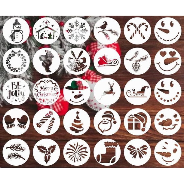 24 piezas de plantilla hueca para dibujo de madera navideña, patrón navideño, colgante redondo, plantilla de dibujo hueco