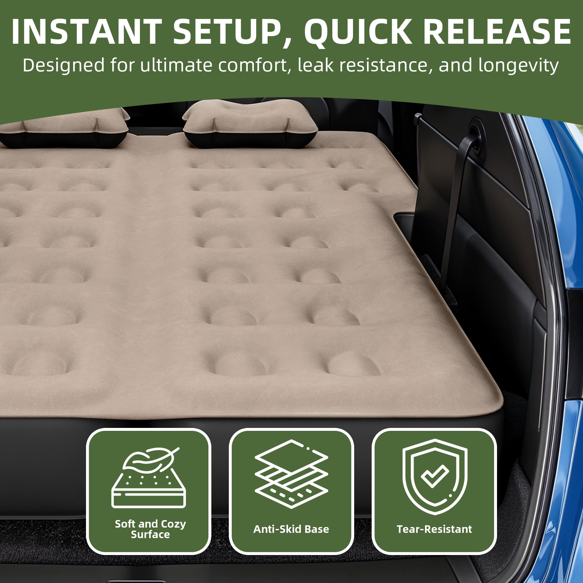 Uforic Inflatable Car Air Mattress with Pump, Portable SUV Air Bed with Pillows for Camping, Home, Travel, Brown