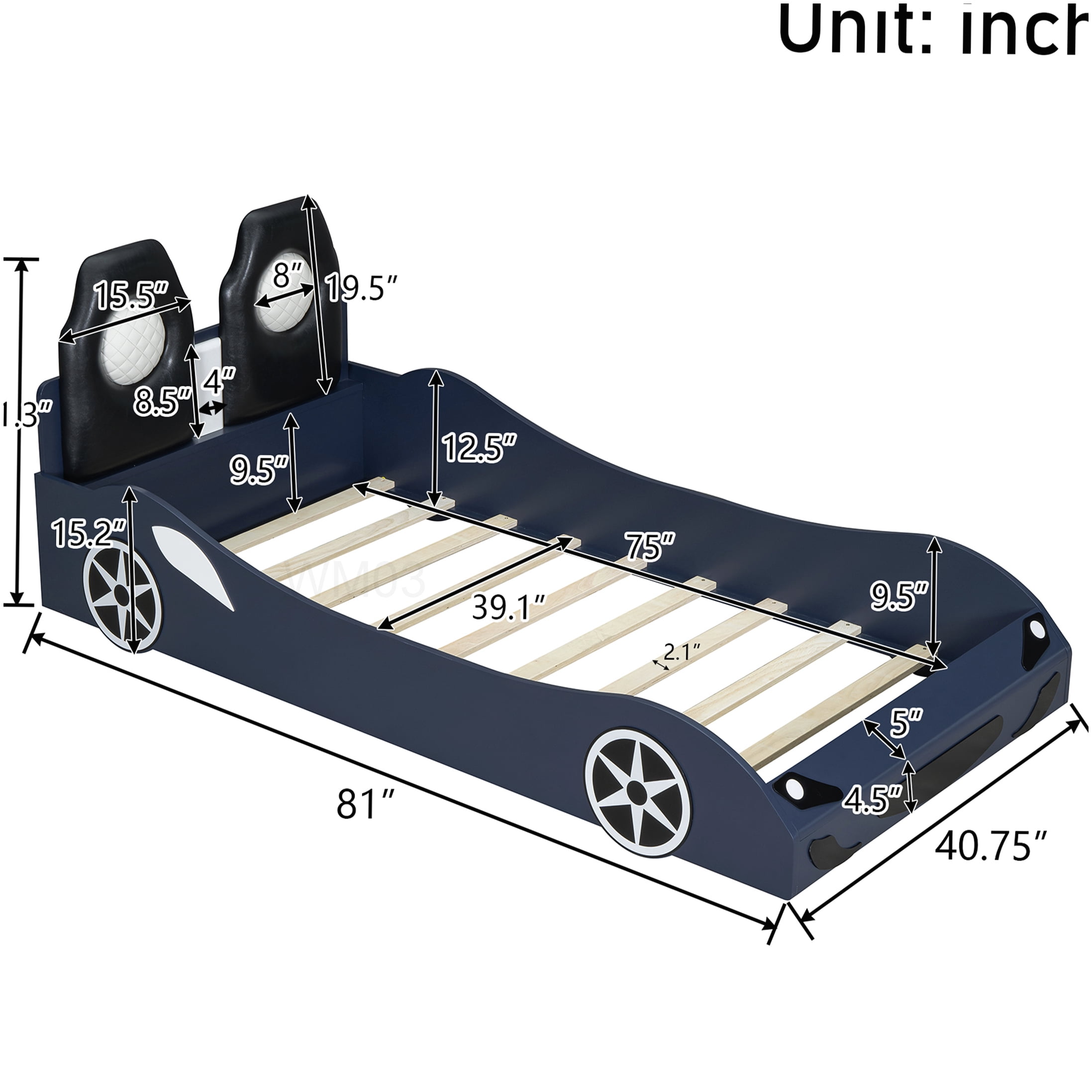 CHAMPFLAG Blue LED Race Car Bed, Twin Size PU Leather Platform Bed with Mood Lighting, No Box Spring Required