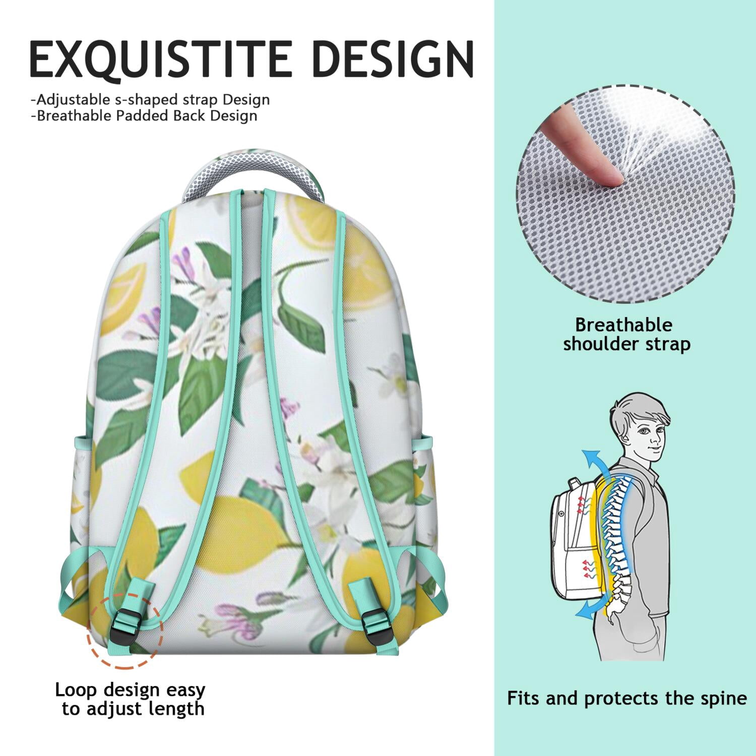 Fruit Lemon Print School Backpack - Waterproof & Breathable, Designed for Spinal Support, Ideal for Daily Use by College Students & Commuters