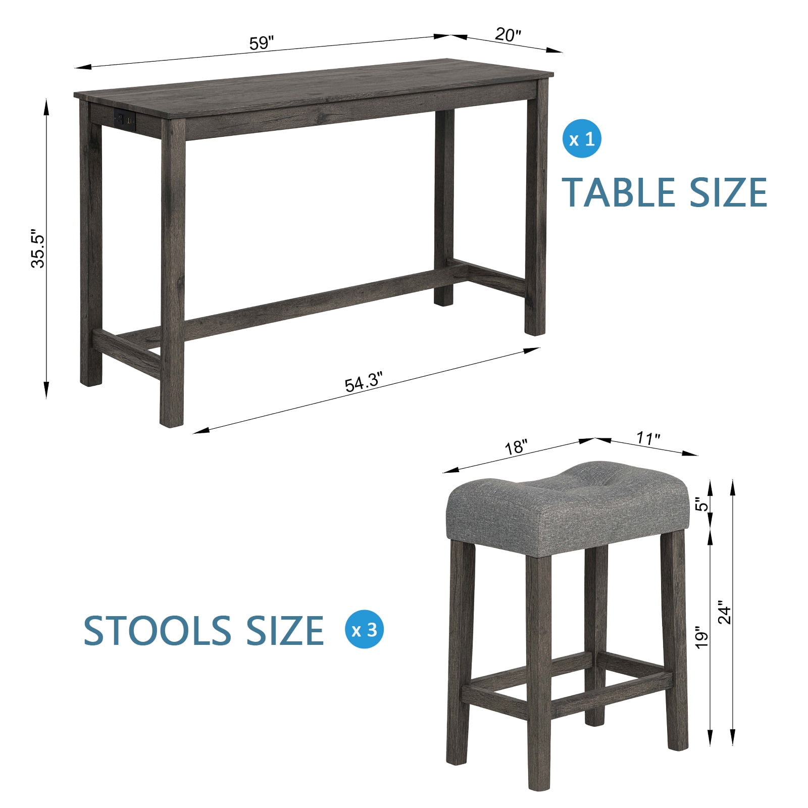 MAYEERTY 4-Piece Bar Table Set with USB Charging Port – Modern Sofa Bar Table and Upholstered Stools Set for Behind Couch, Dining Room, or Living Room
