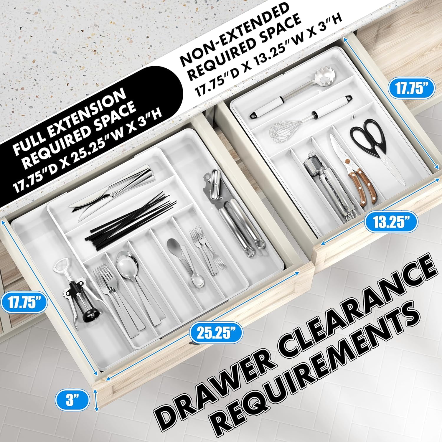 Expandable & Adjustable Cutlery Drawer Organizer - Large Utensil and Flatware Tray for Kitchen Drawers, White