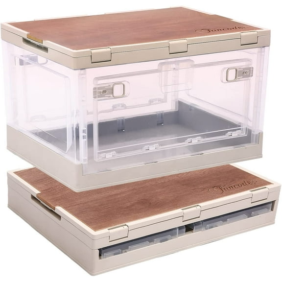 Folding Storage Box With Wooden Cover, Collapsible Storage Container Bins, For Camping, Car Storage, Home Sorting (Set of 1 Transparent)